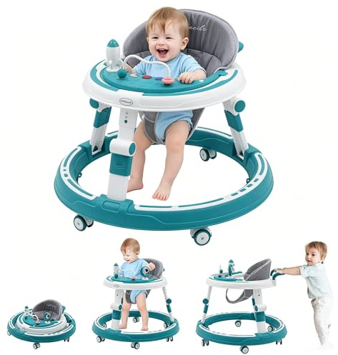 3 in 1 Baby Lauflernhilfe, Lauflernwagen mit 360° Geräuschlosen Silikonrädern, Kippschutz & 4-Fach Höhenverstellung, Faltbar & Platzsparend, Spielcenter, Baby Gehfrei ab 6 Monaten（Blau）