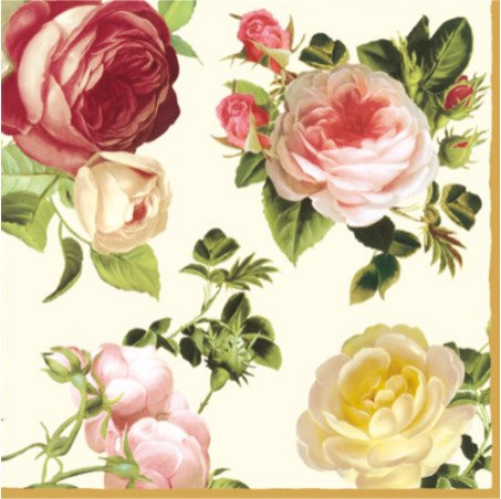 Papierservietten, 33 x 33 cm, 4-farbig, Rosen, Weiß, Gelb, Hellrosa, Serviettentechnik, 40 Stück