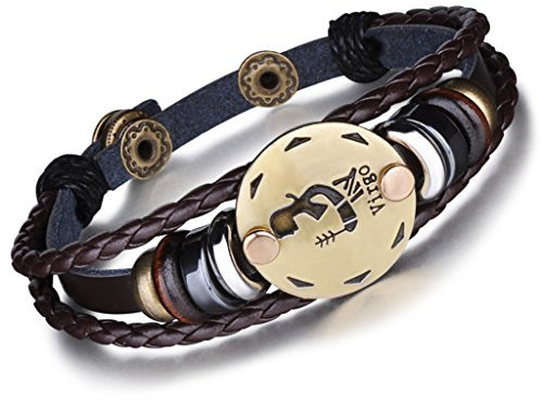 Infinite U Geflochtenes Retro-Armband, mehrreihig, die zwölf Sternzeichen, Jungfrau, aus Legierung und Leder, Dunkelbraun, für Damen und Herren, One Size, Leder, Ohne Stein
