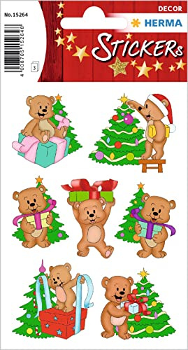 HERMA 15264 Aufkleber Teddybär, 21 Stück, Weihnachten Sticker mit Weihnachtsbaum Motiv, Kinder Etiketten für Weihnachtsdeko Geschenke Adventskalender Winter Dekoration Scrapbooking Briefe DIY Basteln