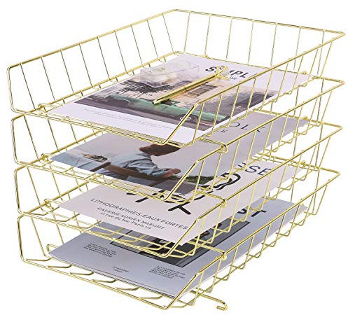 Z PLINRISE Stackable Letter Tray, 4-Tier Desk File Organizer for Mails, Magazines, Documents and Accessories, Wire Paper Tray for Home, School and Office, Gold