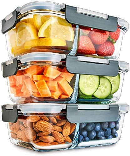 Igluu Meal Prep Glass Containers with Airtight SnapLock Lids 3 Pack 2 Compartment 980ml 33oz BPA-Free Meal Prep Containers Reusable – Borosilicate Glass, Oven Safe