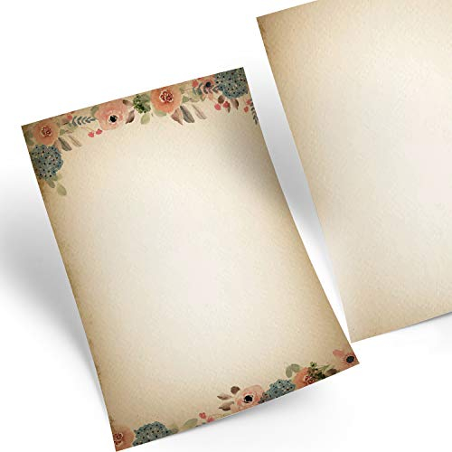 Logbuch-Verlag 100 Blatt Briefpapier Vintage Blumen beige rosa blau A4 - auf alt gemacht Boho Nostalgie Druckerpapier Motivpapier zum Bedrucken