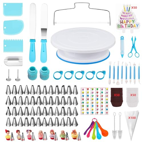 ANSLYQA 340 Pcs Cake Decorating Kit, with Cake Turntable,48 Numbered Icing Tips,7 Numbered Korean Skirt Piping Tips,2 Spatulas,3 Comb Scrapers,100 Pastry Bags,100 Paper Cupcake Liners