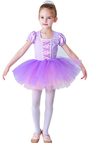 Mufeng Kids Girls Square Neckline Puff Short Sleeve Mesh Tutu Dress Elegant Leotard Ballet Dance Dancewear Lavender 120