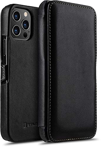 STILGUT Custodia compatibile con iPhone 12 Pro Max, con aletta laterale e chiusura a clip, in vera pelle, colore: Nero