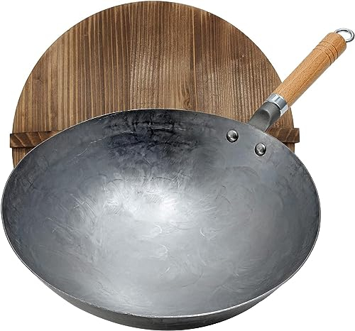 Vinbcorw Wok, wok fatto a mano in acciaio al carbonio, 30/32/34 cm Ø fondo tondo in acciaio al carbonio per fornello a gas, spessore 1,5 mm, con manico in legno e acciaio,34CM