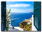 Leinwandbild Window View Santorini Griechenland | Fensterblick | 60 x 80 cm Querformat | Bild auf Leinwand | Insel Meer Aussicht Blumen Berge | Einrichtung | modern | Wohnzimmer Schlafzimmer Küche