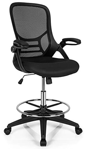 COSTWAY Mesh Drafting Chair, Ergonomic Swivel Office Chair with Adjustable Footrest, Height Adjustable Mid-Back Padded Executive Task Computer Desk Chairs (with Flip-up Armrests, Black)