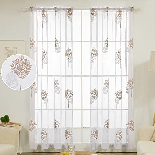 Deconovo Semi Transparent Sheer Curtains Faux Linen Rod Pocket Leaves Embroidery Net Curtains for Living Room 55 x 54 Inch(Width x Length) 2 Panels Flaxen/White 2 Panels