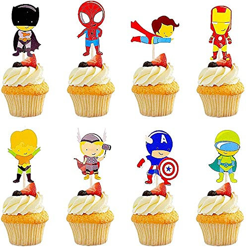 Drapeau des Cure-Dents,Homme Araignée Toothpick Flags 24 PCS Super Héros Cupcake Toppers Décoration Cupcake Enfants Anniversaire Mariages Douches de Bébé Fournitures de Fête de Mariage Décor Favors