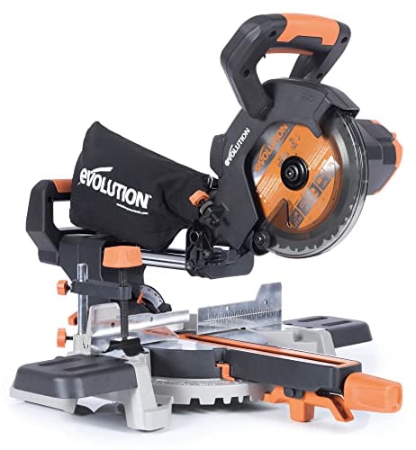 Evolution Power Tools R185SMS-Li Troncatrice scorrevole cordless per taglio multi-materiale, smusso 45°, bisello 50°, 850 W - Include lama TCT - da 185 MM, 3 anni di garanzia, Batteria non inclusa