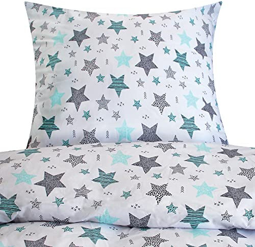 Heubergshop 2-teilige Renforce Bettwäsche 135x200cm und 80x80cm - Sterne mit Kreisen und Punkten in Weiß - 100% Baumwolle, Bettgarnitur, Kinder (KY-560/1-Renforce)