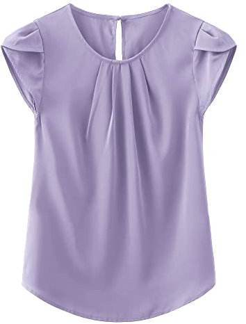 TASAMO Woman Shirts Basic Chiffon Round Neck Keyhole Back Pleated Casual Cap Sleeves Tee(Medium, Light Purple)