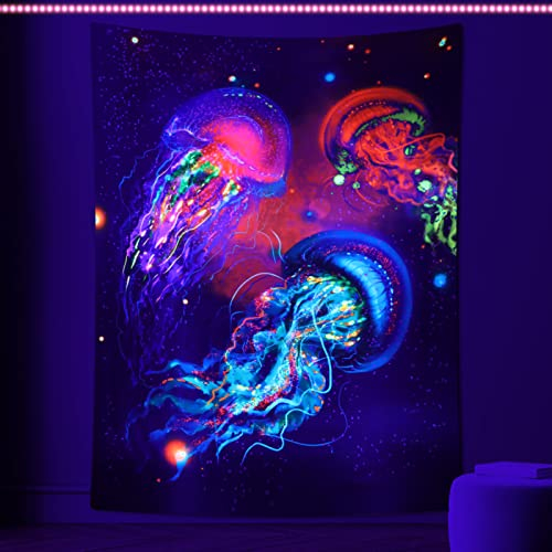 Betylifoy Schwarzlicht Wandteppich UV Reaktiver Quallen Wandteppich Die Unterwasserwelt Hippie Wandteppich Wandbehang für Schlafzimmer Ästhetische Kinderzimmer Dekoration (130x150cm, Qualle)
