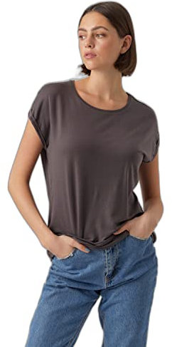 VERO Moda Damen Einfarbiges Stretch T-Shirt Basic Rundhals Top Oberteil Tief Angesetzte Schultern VMAVA, Farben:Grau, Größe:L