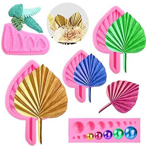 5 Stück Fächerblatt-Form DIY 3D Perle Fondant Form Blume Fächer Palme Boho Blatt Schokoladenformen Halbkugel Form Zucker Lutscher Form Süßigkeiten Formen Silikon Kerzenform Tonform zum Basteln