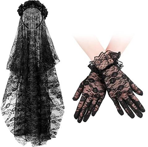 Halloween Schleier Stirnband Schwarz Spitze Kurz Handschuhe Set Rose Blumen Blumenschleier Kopfbedeckung Blumen Spitze Handschuhe für Mädchen Damen Hochzeit Party Abschlussball Haarschmuck