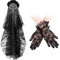 Halloween Schleier Stirnband Schwarz Spitze Kurz Handschuhe Set Rose Blumen Blumenschleier Kopfbedeckung Blumen Spitze Handschuhe für Mädchen Damen Hochzeit Party Abschlussball Haarschmuck