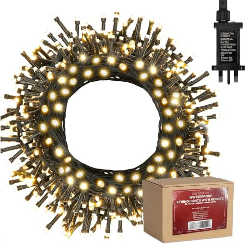 Festive Fix Christmas Tree Lights - 20m, 200 LED Waterproof Light for Indoor & Outdoor Xmas Decoration, Energy-Saving Mains Powered String Lights with Timer & 8 Modes
