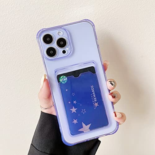 DEFBSC Case for iPhone 14 Pro Max, Transparent Back Card Holder Phone Case, Ultra Slim Soft TPU Shockproof Clear Case with Card Slot for Back of Phone - Purple