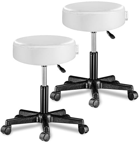 Casaria® Rollhocker Höhenverstellbar 2er Set 10cm Polsterung 46-60cm Höhe 360° Drehbar Ø35cm Rund Rollen Bürohocker Drehhocker Arbeitshocker Stuhl Weiß