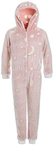 Camille Childrens Super Soft Fleece Onesie - Glow In The Dark Hooded All In One - Long Sleeved and Full Length with Elasticated Cuffs and Ankles Pink 6-8 Years