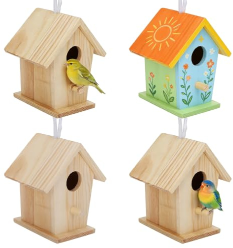 4 Stück Vogelhäuschen aus Holz 7x6x8,5 cm Mini Hänge Vogelnester Ornamente DIY Unfertiges Holz Vogelhaus Garten Balkon Hof für Bemalen, Dekoration des Gartenhofs, #3