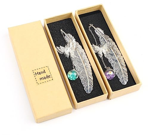 DERAYEE 2pcs Marque Page Original Marque-page Plume en Métal | Perles de Verre Pendentif Cadeau pour Étudiant Lecteur Enfant et Adult