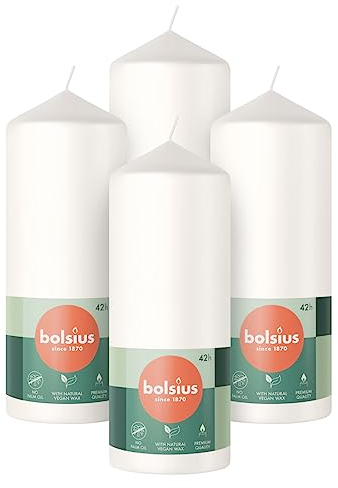 Bolsius - Lot de 4 bougies piliers lisses - Blanc - 15 x 6 cm - Pour la maison - combustion 42 heures - Sans parfum - 5% Cire végétale naturelle - Sans huile de palme