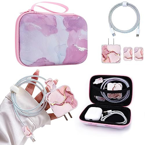 DiyGody DIY Phone Charger Cover Storage Sets USB Earphone Wire Saver Cable Organizer with Travel Storage Bag, Soft Cute Cable Protector Cord Organizer Compatible for iPhone(Pink Marble)