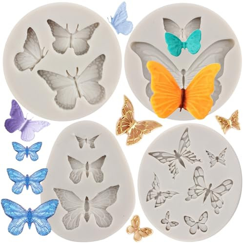 MYPRACS Butterfly Silicone Fondant Mould for Cake Decorating Cupcake Topper Candy Chocolate Gum Paste Polymer Clay Set of 4