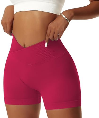 Vertvie Damen Gym Shorts V Cross Stretch Push Up Yoga Shorts Booty Scrunch Fitness Hosen Kurz High Waist Nahtlos Workout Sportshorts Butt Lift Kurze Leggings Sommer (Rot, S)