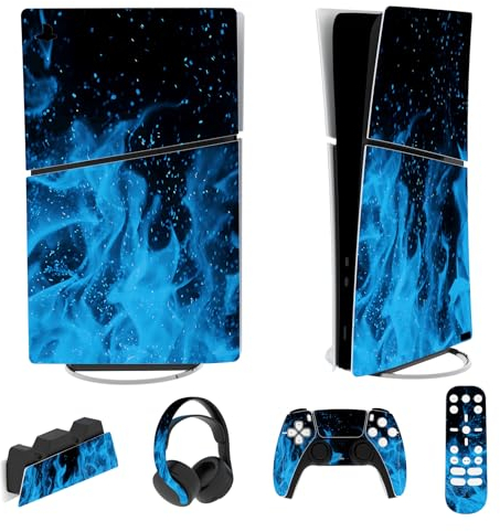 playvital Autocollant Protection pour ps5 Slim Console Accessoires,Sticker Skin pour ps5 Manette & Télécommande & Casque & Station de Charge,Digital Edition-Bleue Flamme