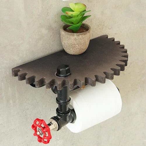 Porte-rouleau de papier toilette avec étagère, support de tuyau industriel vintage, porte-rouleau de papier toilette, étagère murale en bois rustique pour salle de bain