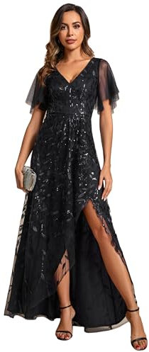 Ever-Pretty Women's Maxi Evening Dresses Sequin Embroidered Double V Prom Dress with Ruffles Sleeve Bridesmaid High-Low Dress Black 18UK
