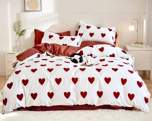 Menkala Herz Bettwäsche 200x200 Weiß Rot Aesthetic Herzen Bettwäsche Set 3 Teilig Bunte Herzchen Bettbezug Renforce Microfaser Bügelfrei Herzbettwäsche mit Reißverschluss und 2 Kissenbezug 80x80