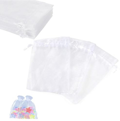 Sufune Lot de 50 Sachets en Organza Blanc, 10 x 15 cm, Pochette Cadeau en Organza, Pochette à Bijoux, Sachets de Mariage, Sachets de Lavande, Faveur de Mariage