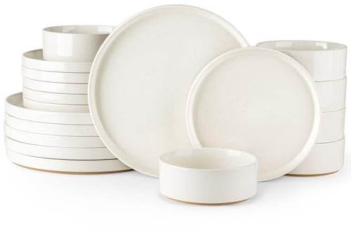AmorArc Set di stoviglie in ceramica per 6, piatti e ciotole in gres maculato con fondo in terracotta rustica, antigraffio, lavabili in lavastoviglie e adatti al microonde, 18 pezzi, beige