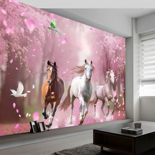 Générique Papier Peint Panoramique Cheval Brun D'Art De Rêve, 3D Peinte Des Oiseaux Intissé Murale, 250 x 175 cm (WxH) Photo Murale pour Salon Chambre d'enfants restaurant Décoration Murale