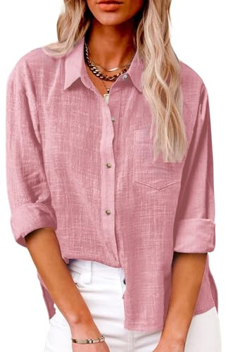 SHEKINI Women Casual Blouse V-Neck Long Sleeve Shirt Button Dowm Cotton Linen Tshirt Tops Dressy Blouses Office Work Blouse Plus Size Pink