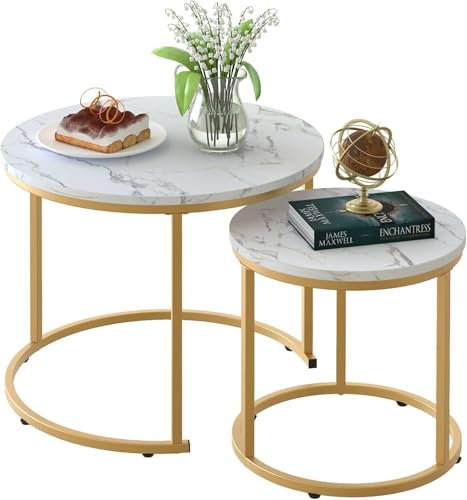 Couchtisch Rund, Satztisch 2er Set, Wohnzimmertisch, Couchtisch aus Holz, Beistelltisch Set, Sofatisch für Wohnzimmer, Schlafzimmer, Büro, Balkon, Gold Metallgestell und Weiß Marmor Tischplatte