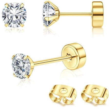 Adramata Titan Ohrringe Gold Damen Ohrstecker mit Flach Zurück, Hypoallergene Piercing für Ohr Tragus Helix - 2Pcs in Gold Silber 2/3/4MM