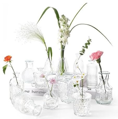Florero Cristal Mini Jarrón Cristal,12 Jarrones Decorativos Vintage, Conjunto de Florero Cristal Ideal para Bodas, Cumpleaños, Fiestas y Decoración de Sala