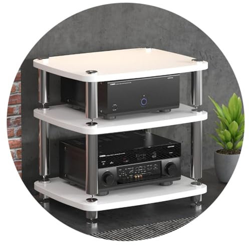 Moderno mueble de audio blanco de 4 niveles para tocadiscos y amplificador de potencia con patas que absorben los golpes, material MDF, tamaño 60 x 48 x 57 cm, diseño elegante y elegante