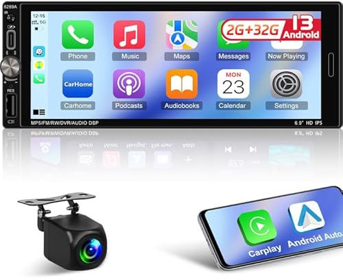 NHOPEEW Android 1 Din Autoradio mit Drahtlos Carplay und Android Auto - 6,9 Zoll 1din Carplay Autoradio Unterstützung WiFi GPS EQ DSP Split Screen Lenkradsteuerung + Rückfahrkamera