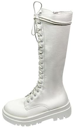 FGUUTYM Stivali lunghi da donna, per autunno e inverno, con lacci, in ecopelle, al ginocchio, con suola spessa, per le mezze stagioni, bianco, 35 cm EU