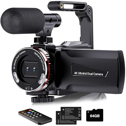 Dumjug Videocámara 4K, cámara dual de 64 MP UHD para YouTube, zoom digital 21X, pantalla IPS con micrófono externo, estabilizador, control remoto, 2 baterías, control remoto, tarjeta de memoria