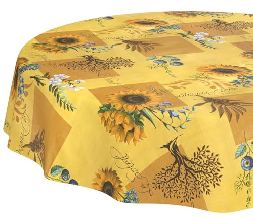 Wachstuchtischdecke Tischdecke abwaschbar Wachstischdecke pflegeleicht wasserabweisend Lotuseffekt Gartentischdecke Sonnenblume Rund 140 cm Schnittkante