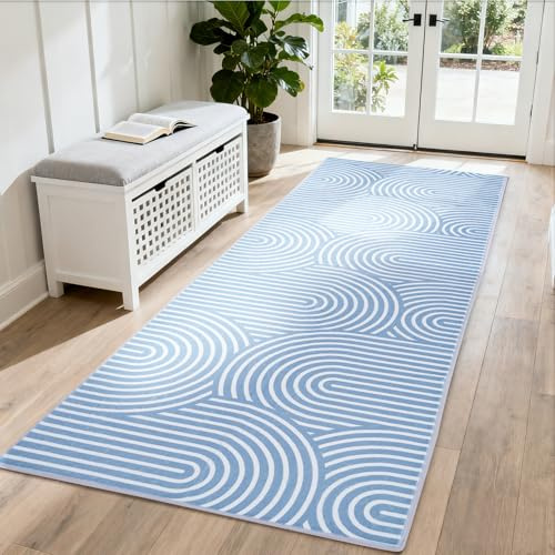 Puremy Läuferteppich 80x150 cm, abstraktes Muster, waschbar, geometrisches Bogenlinienmuster, rutschfest, kurzer Flor, ideal für Flur, Schlafzimmer, Waschküche und Wohnzimmer, Blau